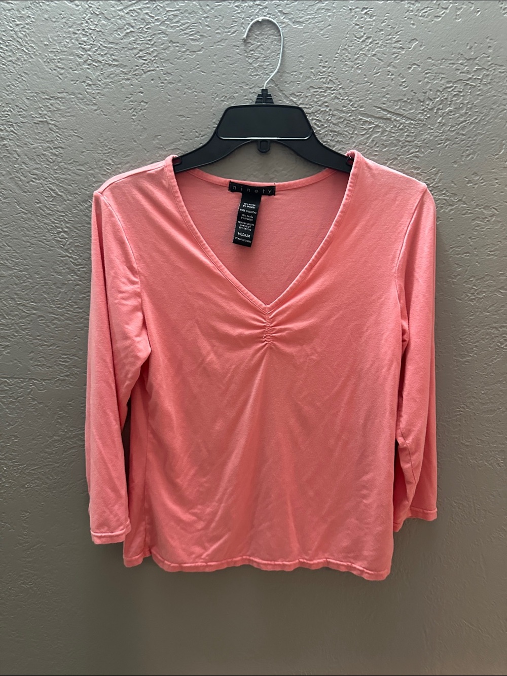 Ninety Coral Pink V-Neck Long Sleeve Top with Front Gather